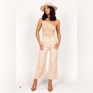 GEORGETTE HIGH WAISTED STRAIGHT LEG PANTS - BEIGE